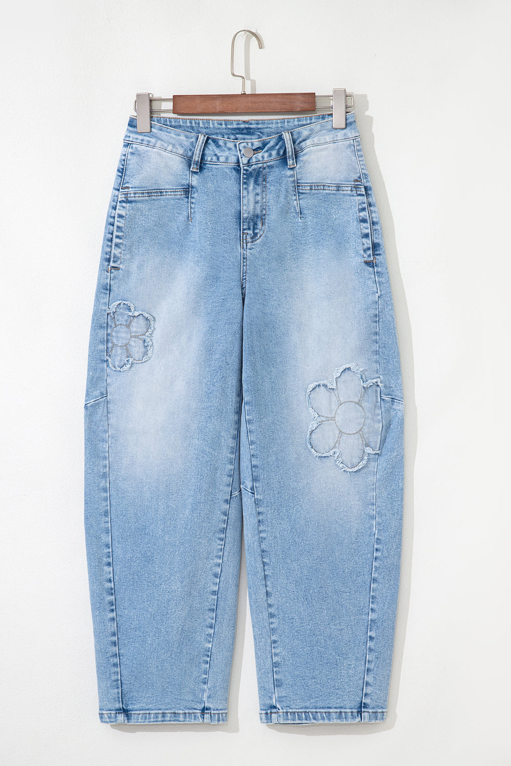 Flower Patched Light Wash High Waist Jeans
