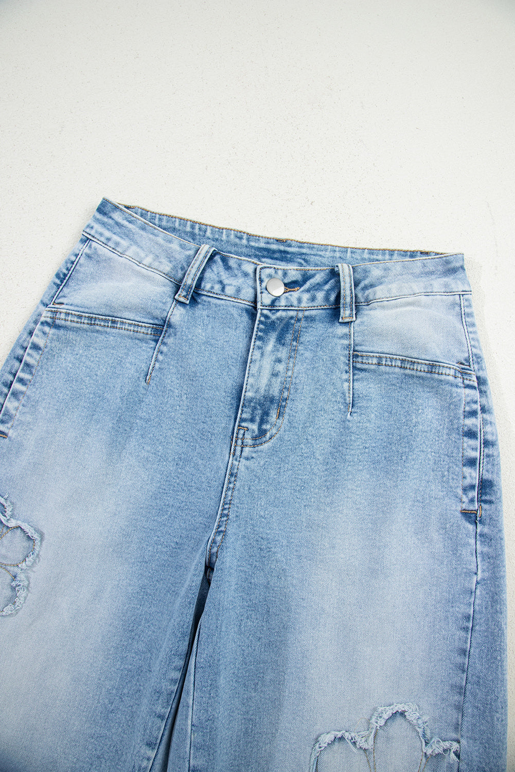 Flower Patched Light Wash High Waist Jeans
