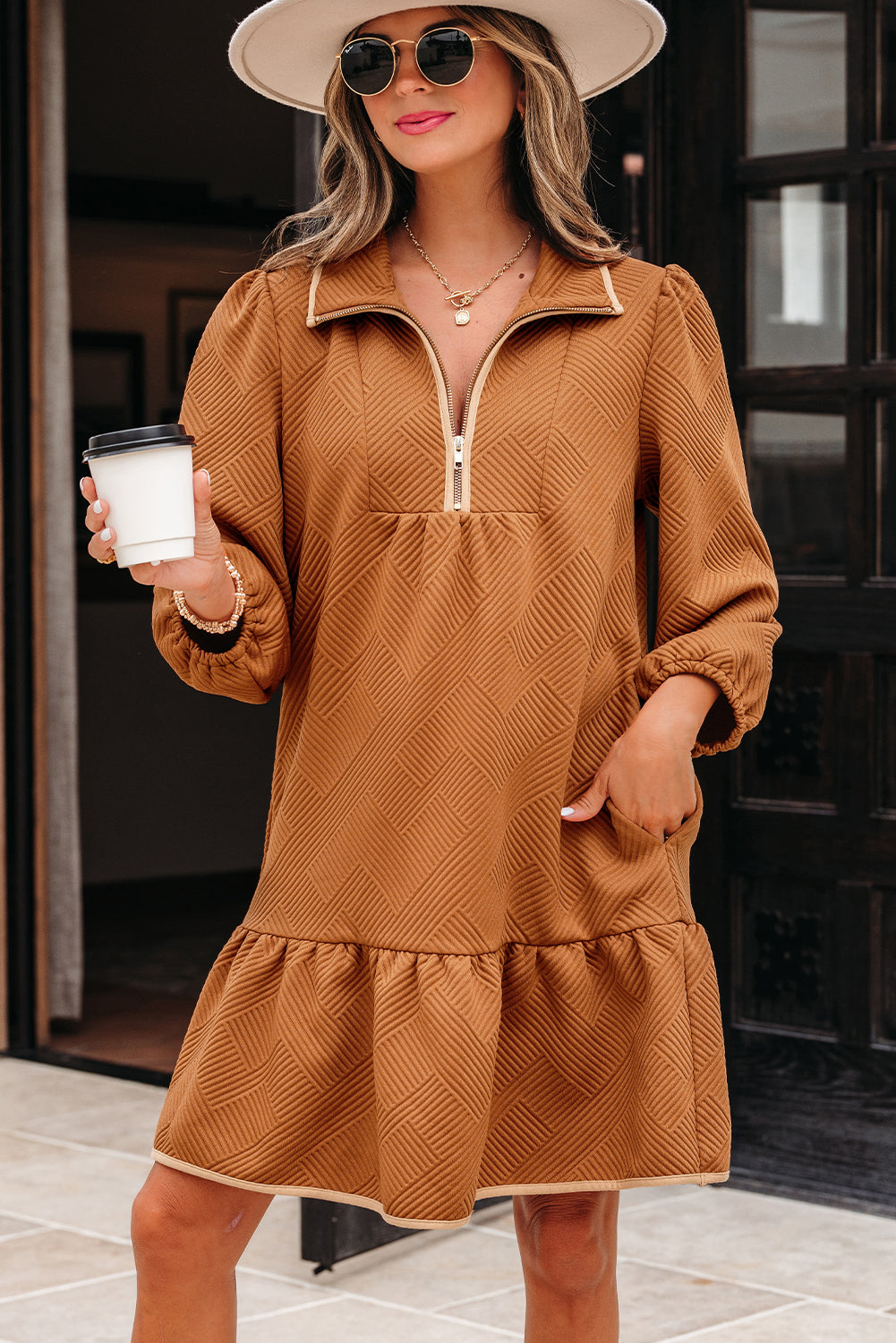 Quarter Zip Textured Mini Dress