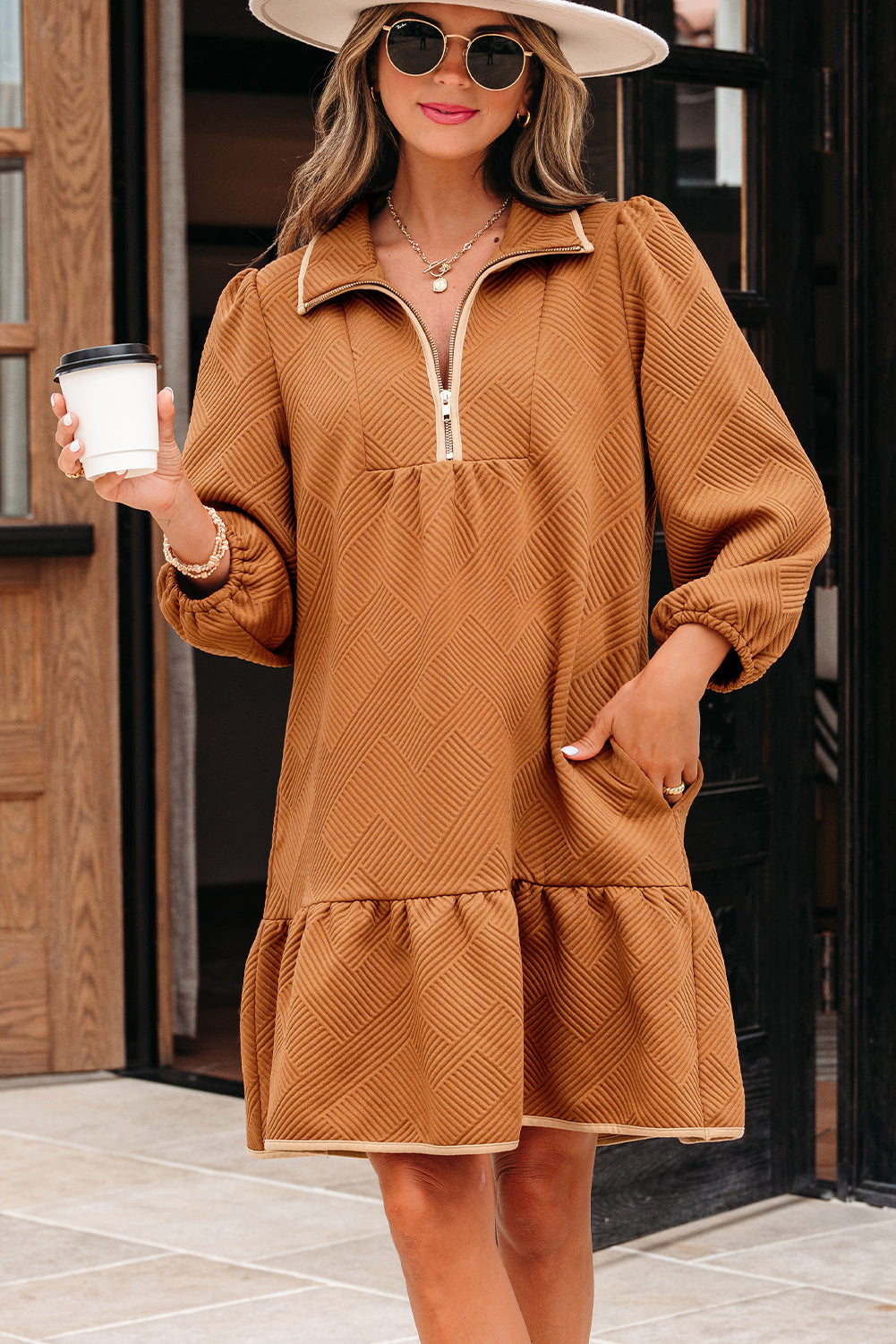 Quarter Zip Textured Mini Dress