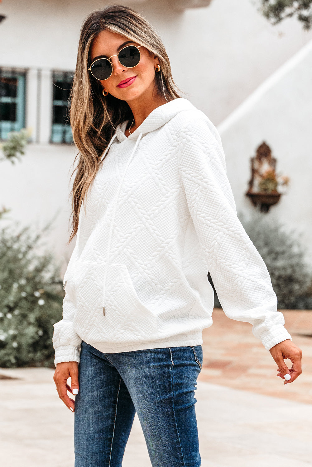 Cable Texture Kangaroo Pocket Hoodie