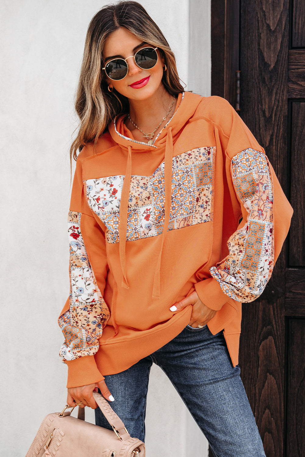 Floral Patchwork Side Slit Hoodie
