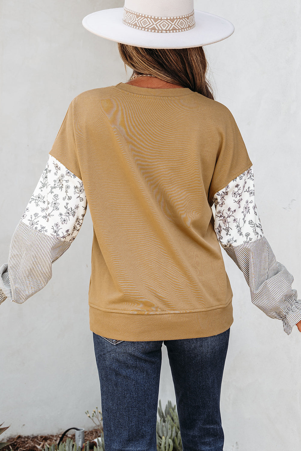 Floral Patchwork Ruffled Crew Neck Sweatshirt
