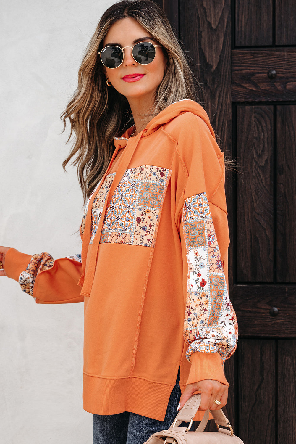 Floral Patchwork Side Slit Hoodie