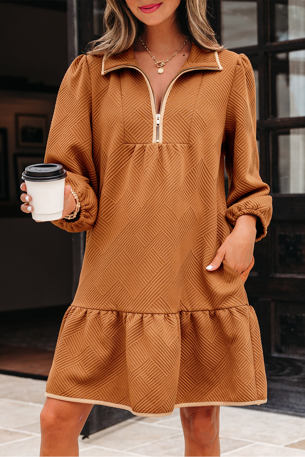 Quarter Zip Textured Mini Dress