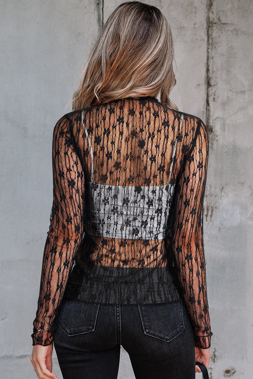 Mesh Lace Long Sleeve Slim Fit Top