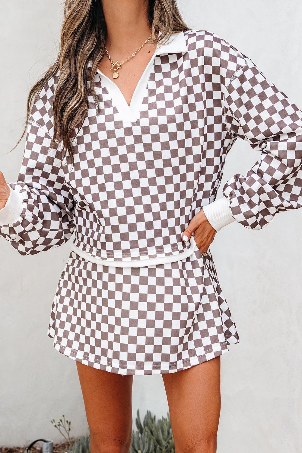 Checkered Long Sleeve Top Drawstring Mini Skirt Set
