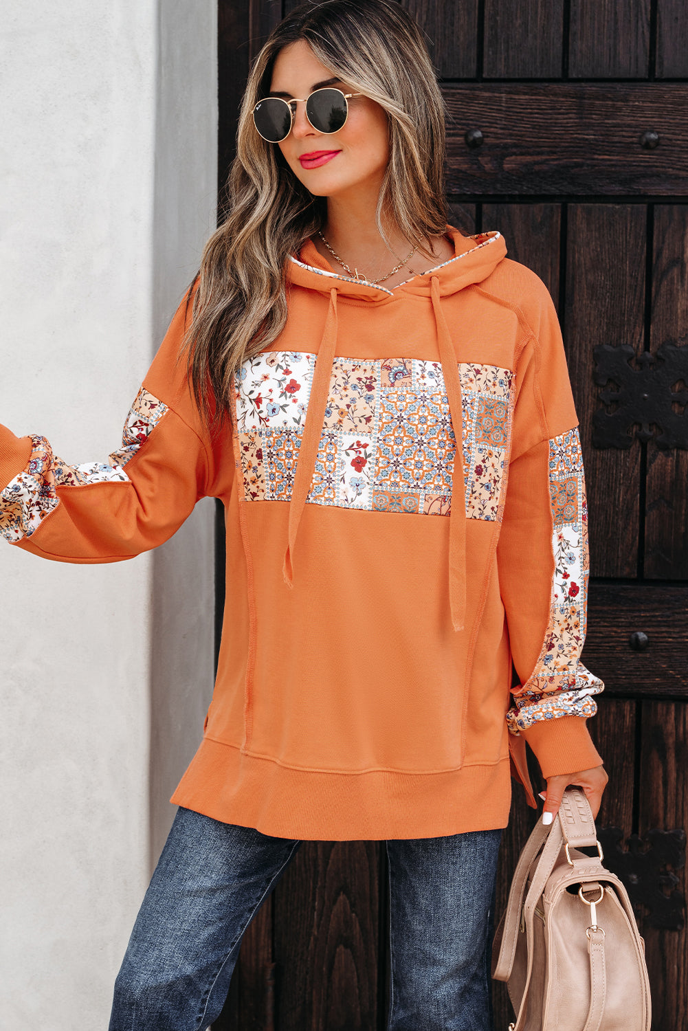 Floral Patchwork Side Slit Hoodie
