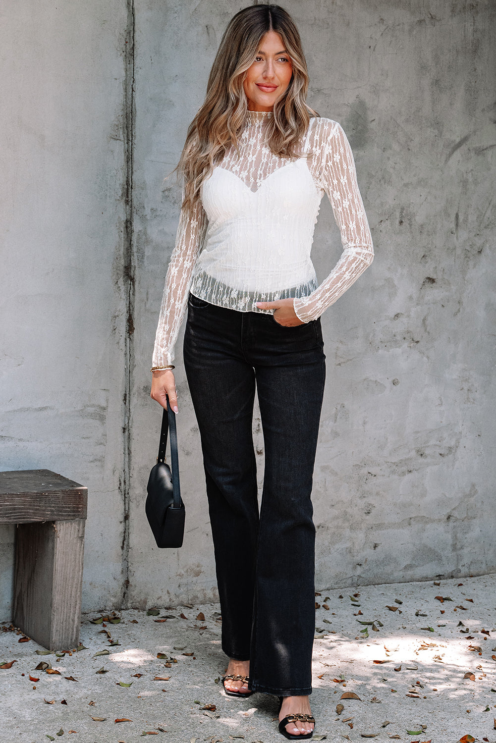 Mesh Lace Long Sleeve Slim Fit Top