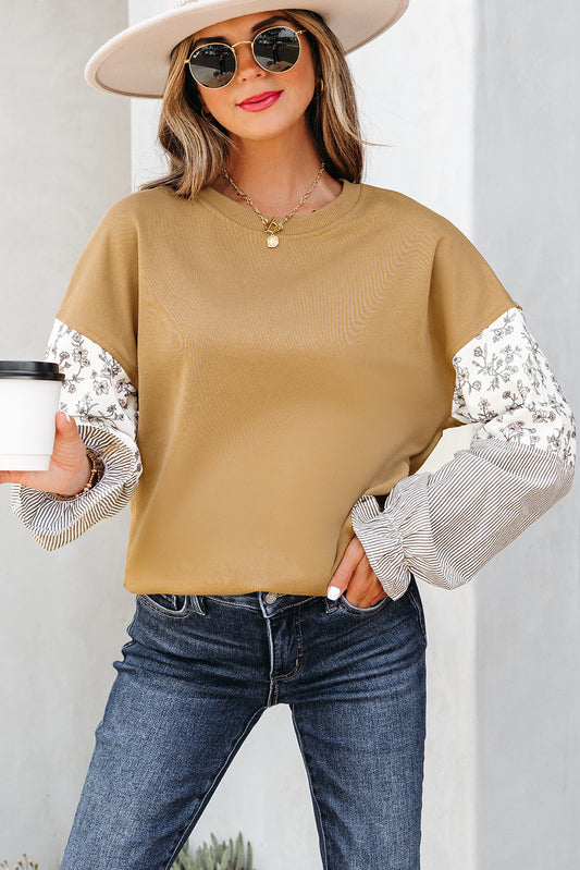 Floral Patchwork Ruffled Crew Neck Sweatshirt