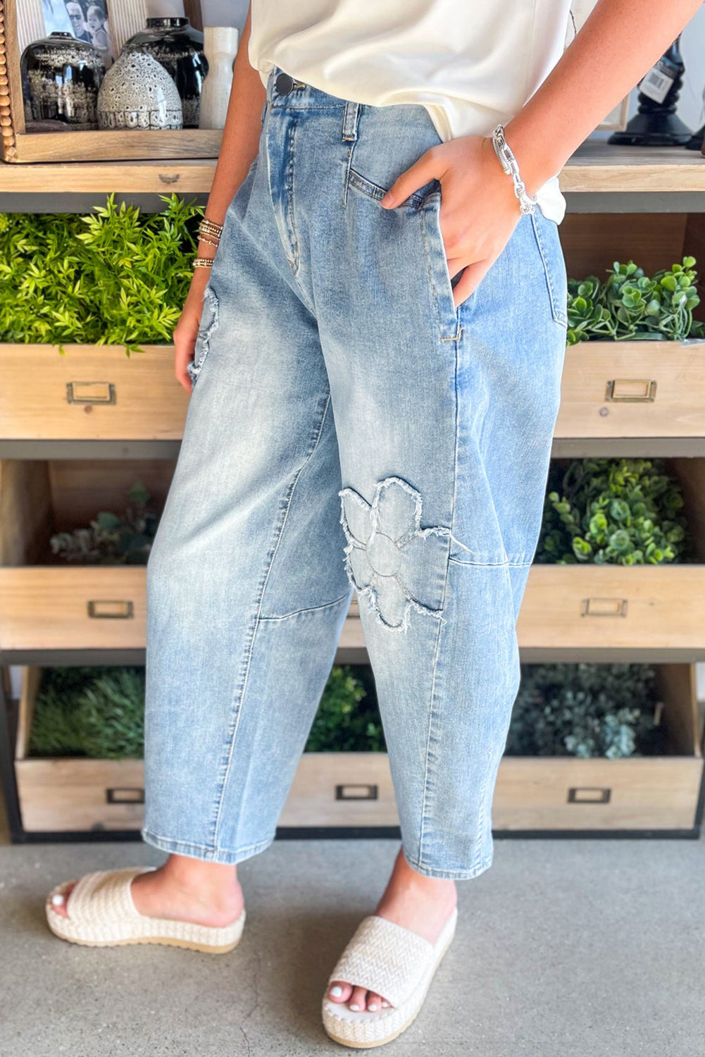 Flower Patched Light Wash High Waist Jeans