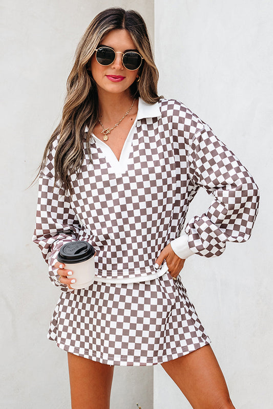 Checkered Long Sleeve Top Drawstring Mini Skirt Set