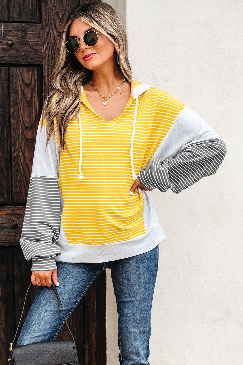 Color Block V Neck Loose Fit Top