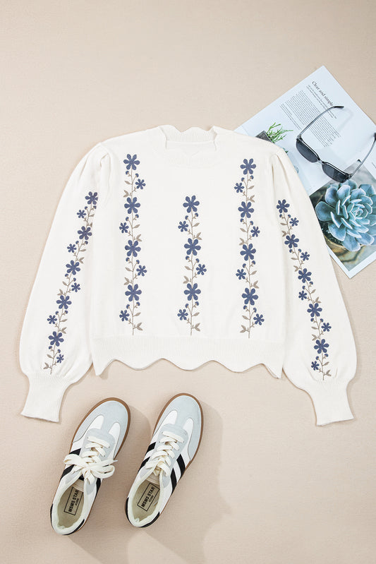 Floral Embroidered Scallop Hem Cropped Sweater