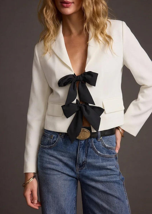 Cropped Blazer with Black Bow Tie Front