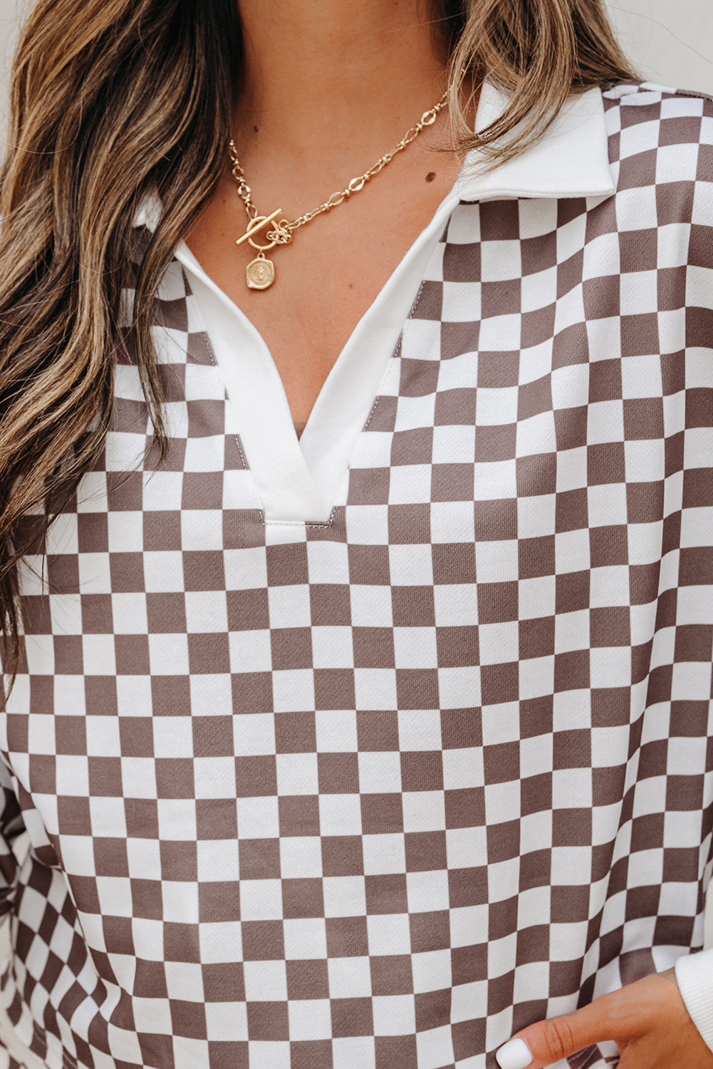 Checkered Long Sleeve Top Drawstring Mini Skirt Set