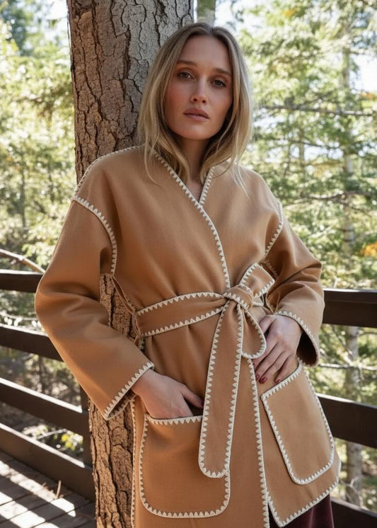 Women's Belted Camel Coat with Contrast Whipstitch Trim and Patch Pockets