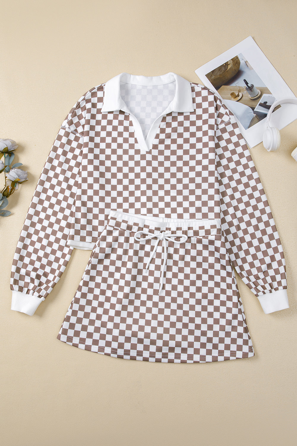 Checkered Long Sleeve Top Drawstring Mini Skirt Set