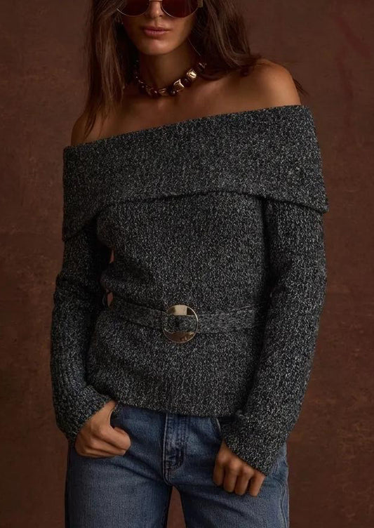 Women's Off Shoulder Cropped Sweater With Belt