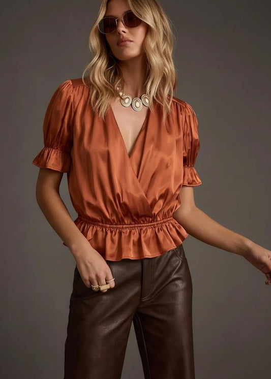 Women’s Satin Tie Neck Flutter Sleeve Blouse