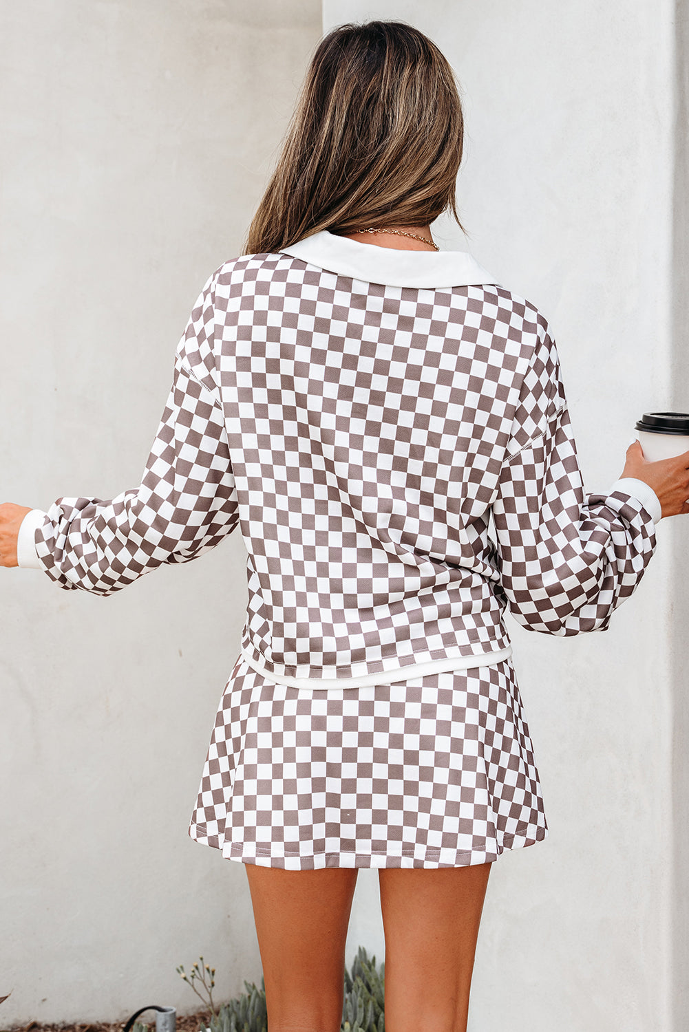 Checkered Long Sleeve Top Drawstring Mini Skirt Set