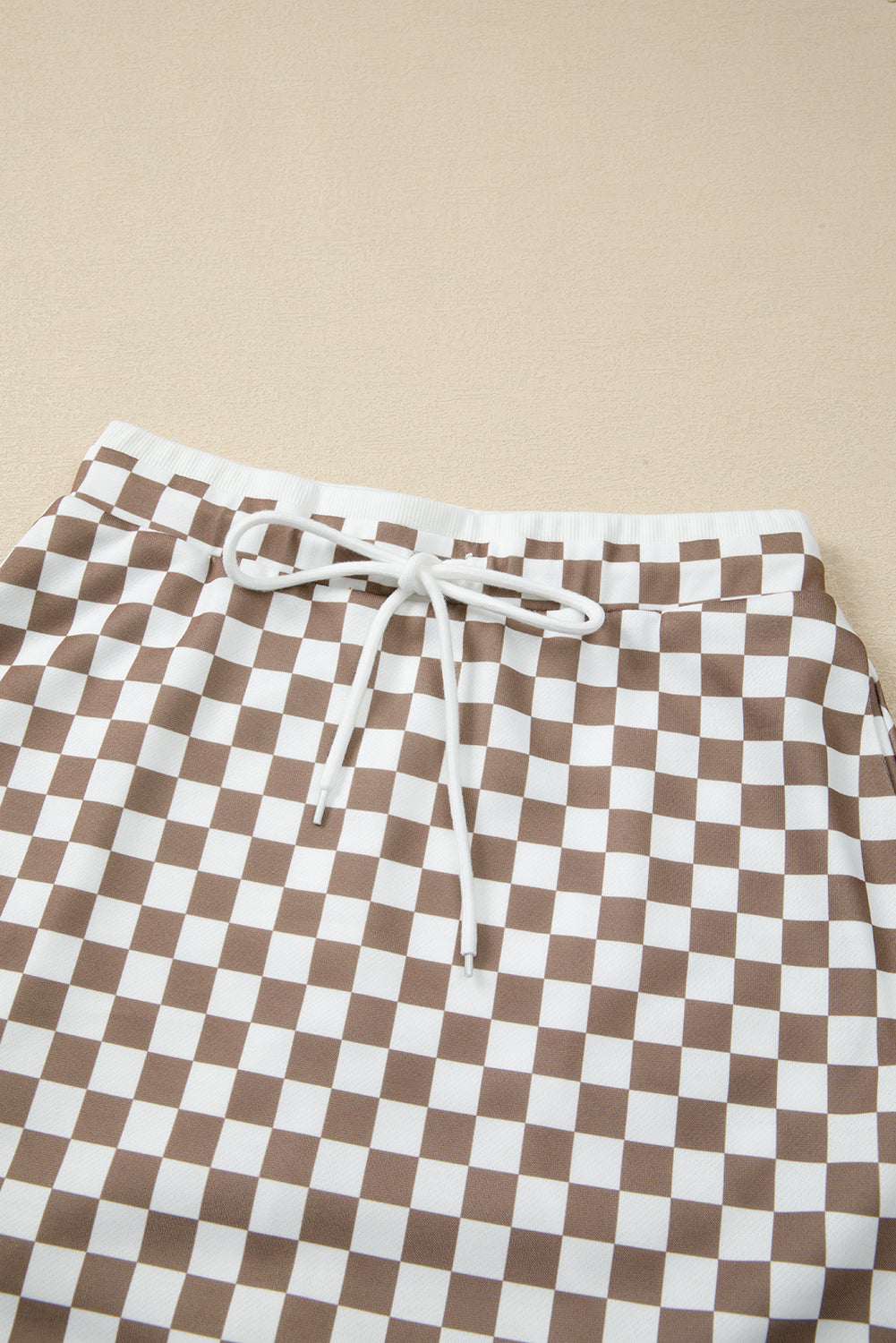 Checkered Long Sleeve Top Drawstring Mini Skirt Set