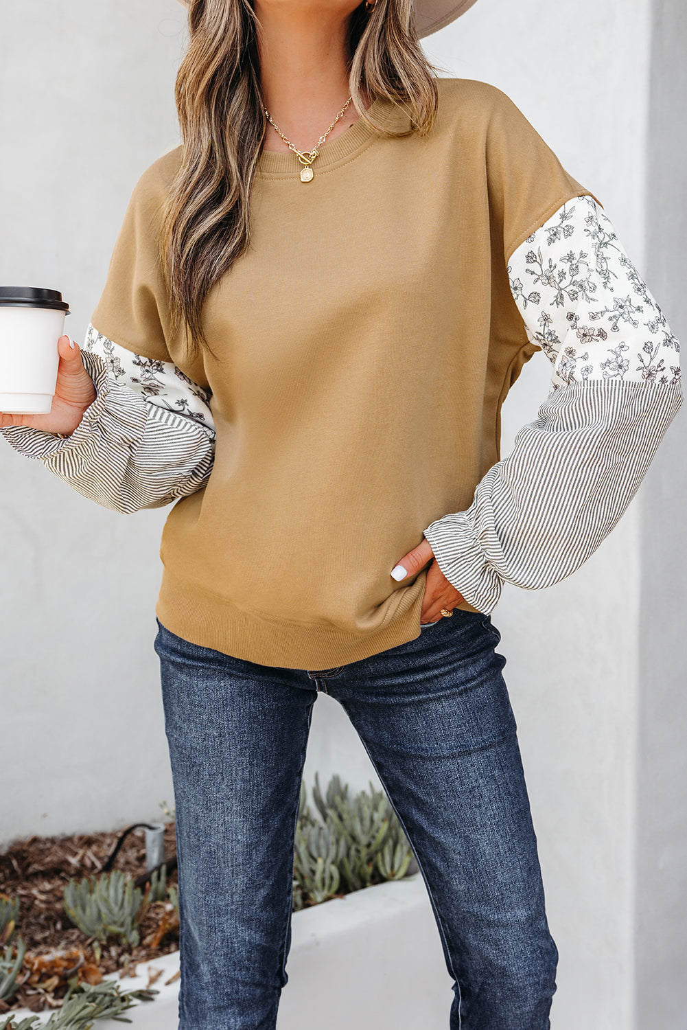 Floral Patchwork Ruffled Crew Neck Sweatshirt