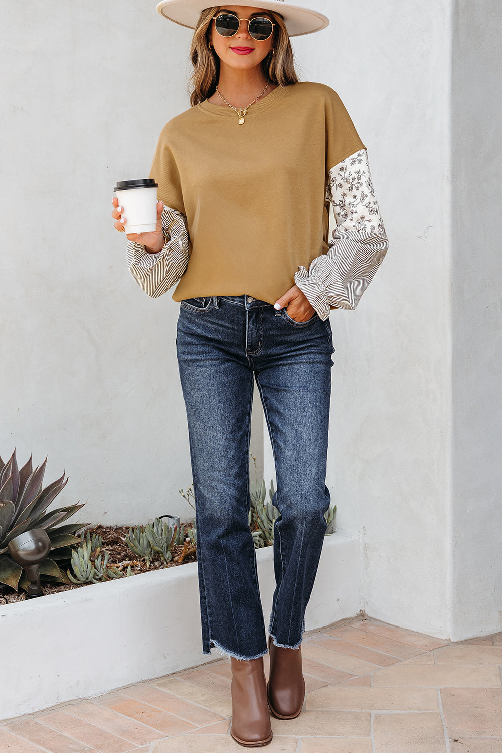 Floral Patchwork Ruffled Crew Neck Sweatshirt