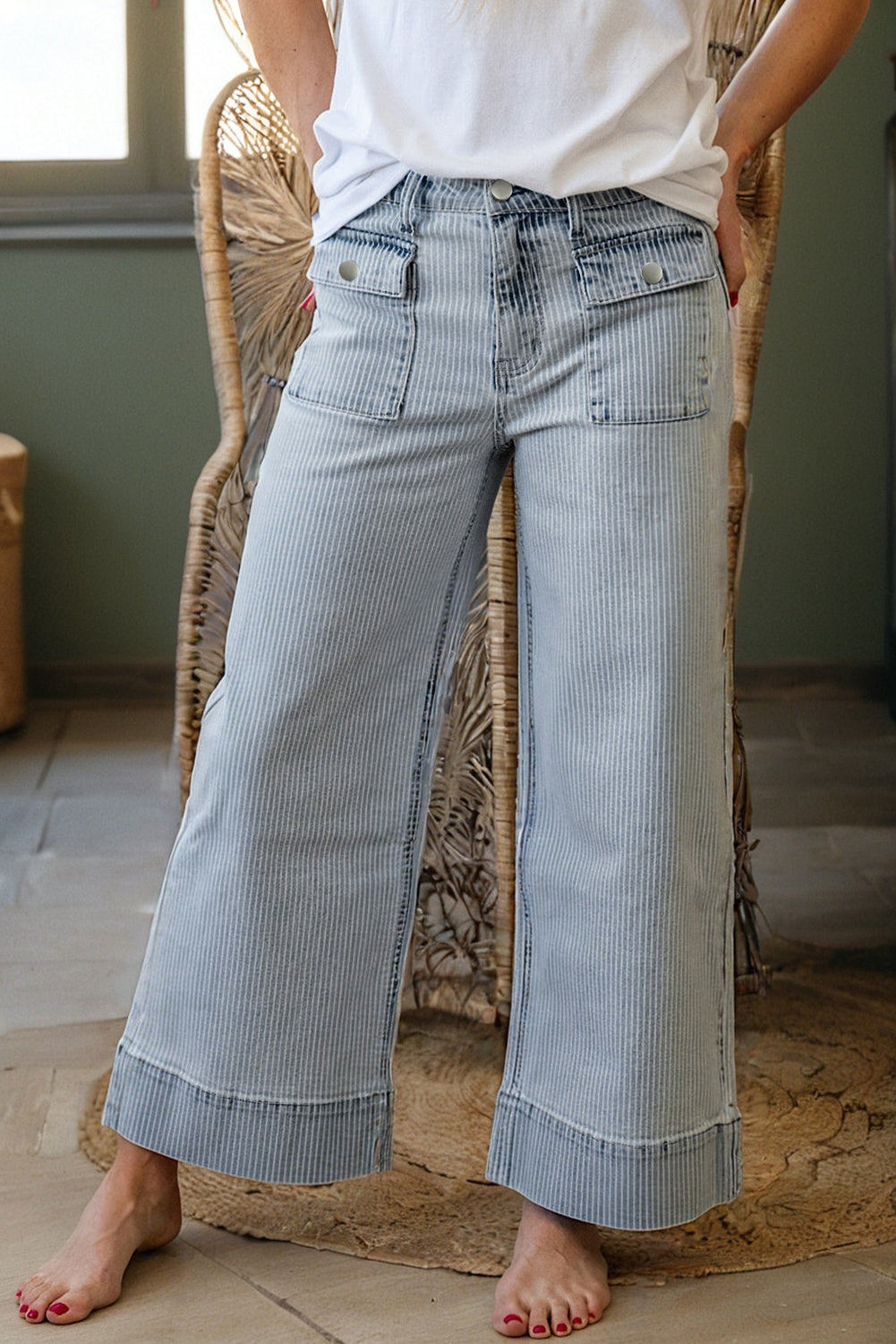 Stripe Cuffed Hem Wide Leg Jeans