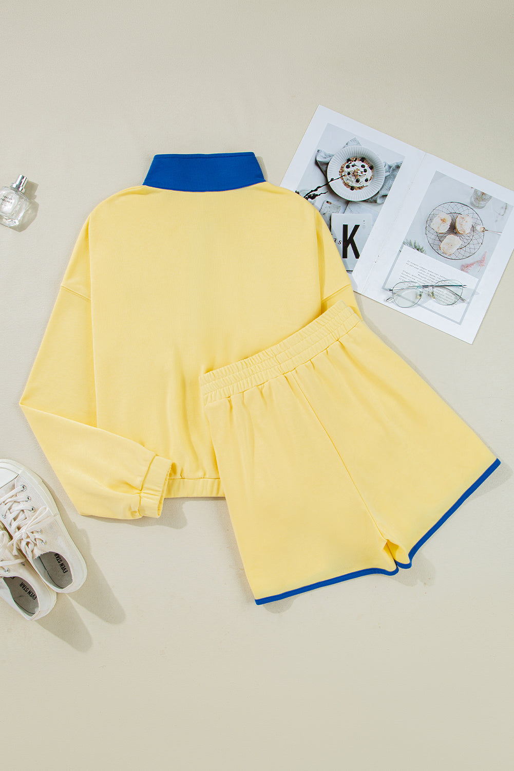 2pcs Patchwork Half Button Pullover Shorts Set