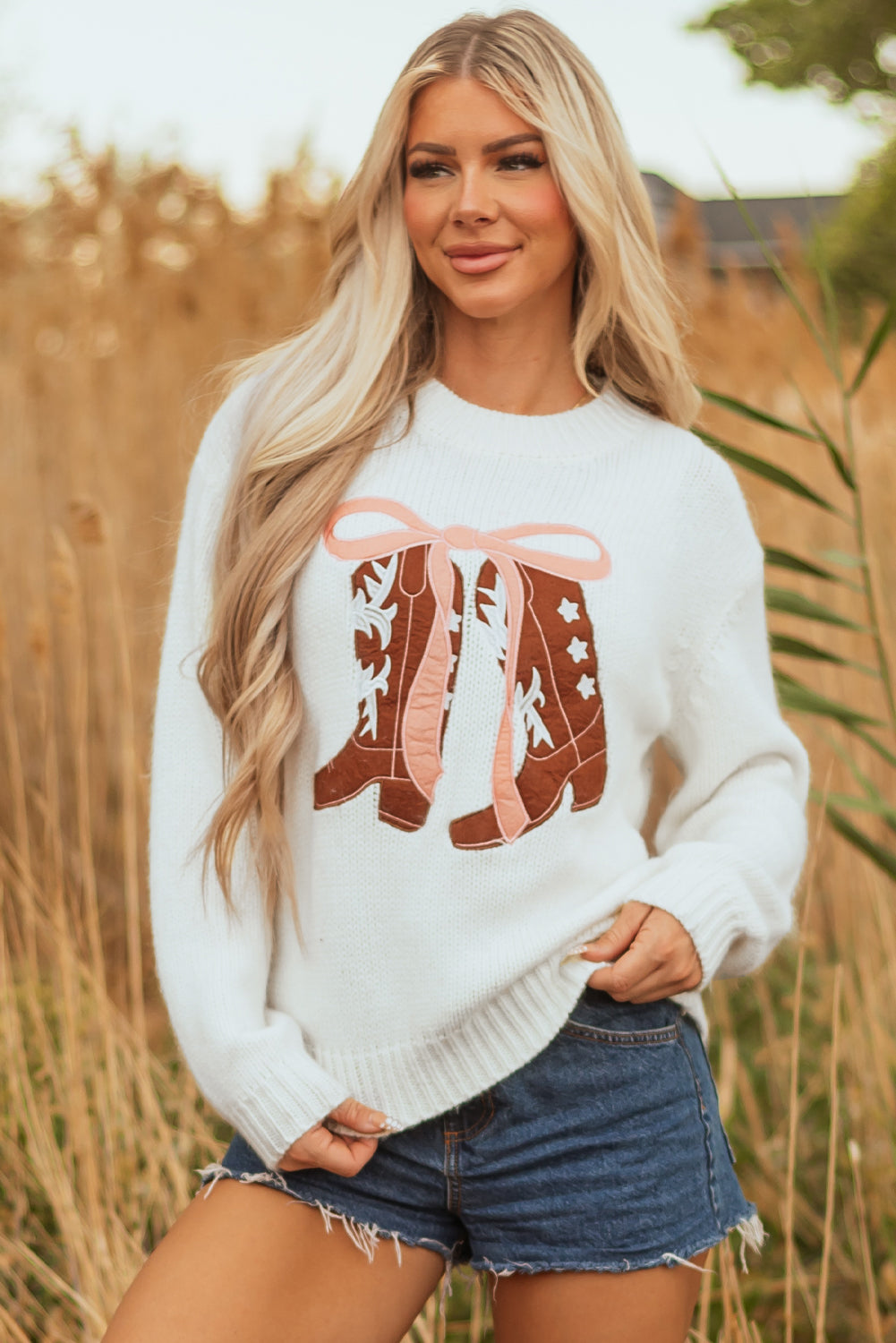 Embroidered Bow Boots Sweater