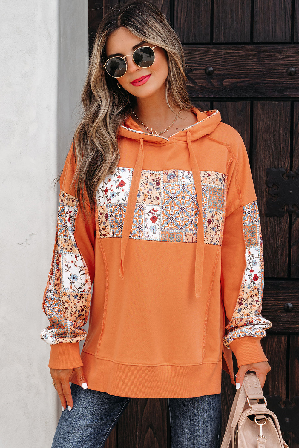 Floral Patchwork Side Slit Hoodie